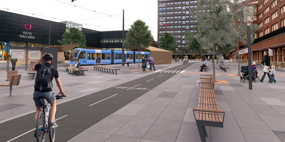 Jan Stenbecks torg med Kista galleria i bakgrunden. I mitten av torget en cykelbana. Människor som cyklar, går och sitter på parkbänkar. Illustration